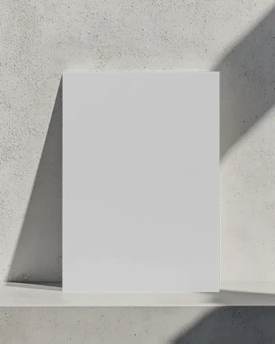 Minimal A4 Flyer Mockup Standing Against Textured White Wall With Hard Shadow Lines