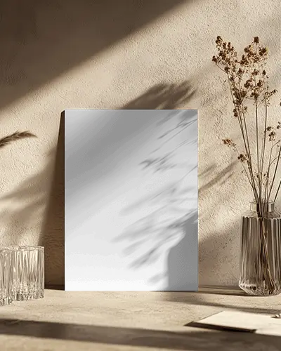 Sunlit Boho Flyer Mockup Dried Flowers And Glass On Beige Table Warm Light And Soft Shadows