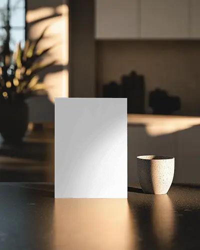 Kitchen Countertop Flyer Mockup Evening Sunlight With Ceramic Cup Cozy And Domestic Environment