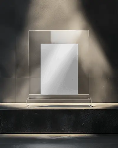 Elegant Flyer Mockup On Glass Stand In Dramatic Lighting Studio With Premium Black Wall Background