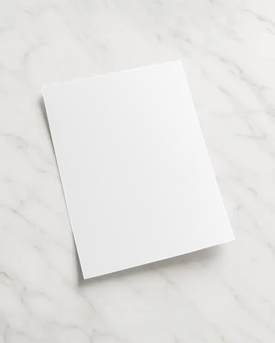 Flat Lay Flyer Mockup On White Marble Surface With Clean Luxurious Aesthetic And Even Light Shadow