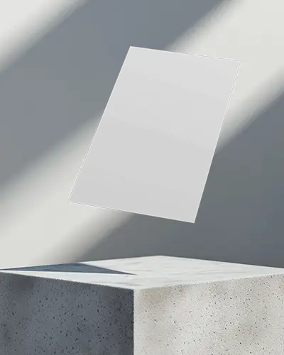 Angled Shadow Flyer Mockup Floating Above Concrete Pedestal With Crisp Natural Light And Geometric Composition
