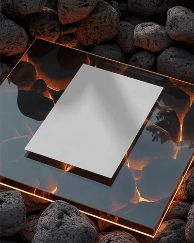 Fiery Glow Flyer Mockup On Glass Slab Above Volcanic Stones With Illuminated Edges And Bold Texture Contrast