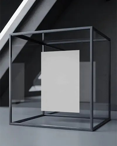 Luxury Display Flyer Mockup Suspended Inside Glass Cube Showcase In High Contrast Architectural Setting