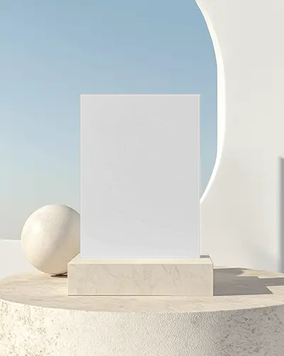 Mediterranean Sunlit Flyer Mockup On Stone Pedestal With Arched Cutout Background And Serene Blue Sky