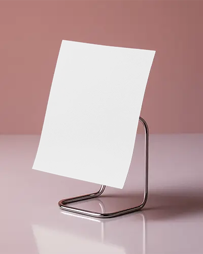 Pink Metallic Flyer Mockup Curved Sheet On Chrome Wire Stand With Glossy Reflection And Soft Rose Background