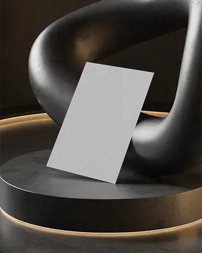Futuristic Flyer Mockup Against Curved Metallic Sculpture On Round Podium With Moody Ambient Lighting