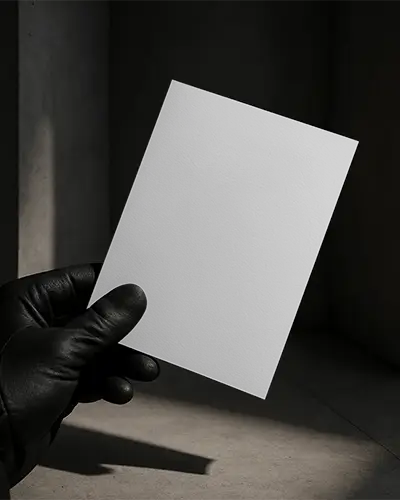 Noir Style Flyer Mockup Held By Black Gloved Hand In Moody Shadowed Corner With Gritty Dramatic Light