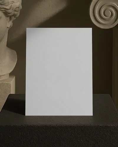 Classical Display Flyer Mockup On Textured Black Stand With Greek Busts And Soft Directional Light