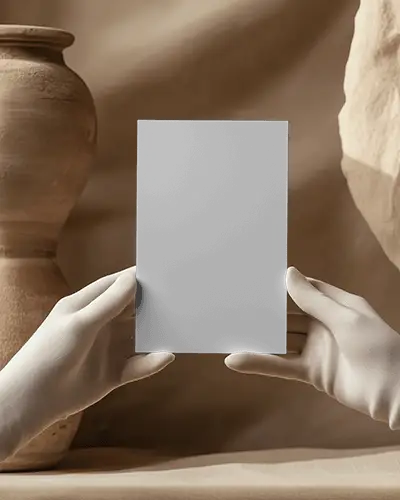 Artistic Studio Flyer Mockup Held By White Gloves With Sculptural Background In Earthy Tones