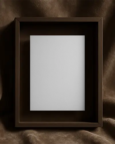 Elegant Framed Flyer Mockup In Brown Wooden Box Against Velvet Backdrop Luxury Presentation Style