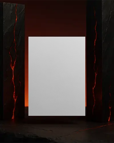 Lava Core Flyer Mockup Between Glowing Volcanic Pillars Dark Sci Fi Ambience With Red Lighting