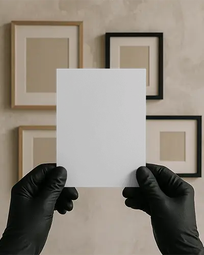 Minimal Gallery Flyer Mockup Held By Black Gloves Against Frame Wall Texture Clean And Neutral Setting