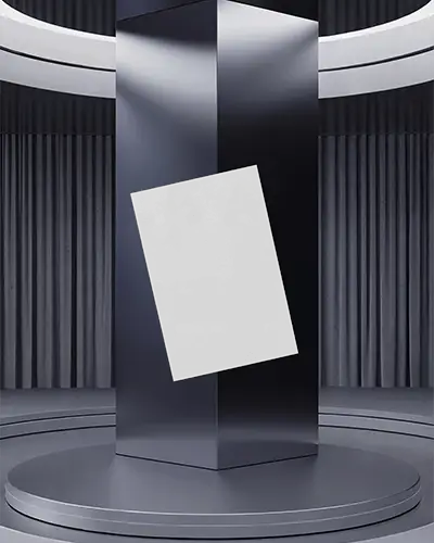 Futuristic Exhibit Flyer Mockup Angled On Metallic Pillar In Modern Showroom With Curved Light Accents