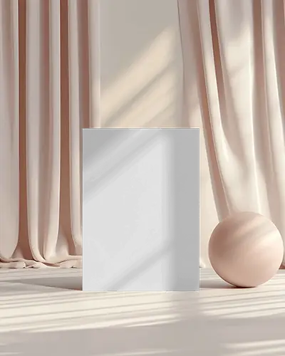 Soft Curtain Flyer Mockup On Sunlit Floor With Round Pastel Ball Minimal Feminine Interior Backdrop