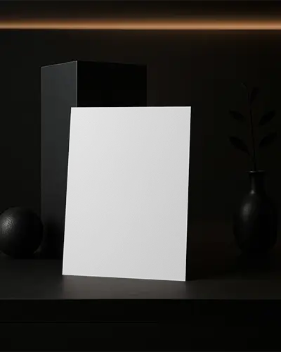 Luxury Black Flyer Mockup With Shadowed Vase And Sphere On Dark Shelf Matte Aesthetic Light Line Effect