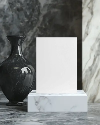 Luxury Marble Flyer Mockup With Black Glass Vase On White Platform In Elegant Interior Setting