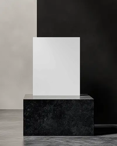 Modern Contrast Flyer Mockup On Dark Textured Block Against Black And White Split Wall Backdrop