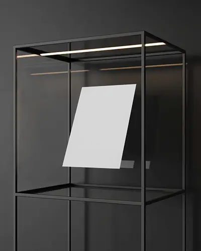 Cube Display Flyer Mockup At An Angle With Soft Overhead Lighting On Dark Background