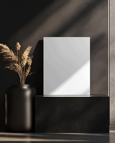 Dark Vase Flyer Mockup On Black Stone Block With Dramatic Light And Shadow Gradient Wall