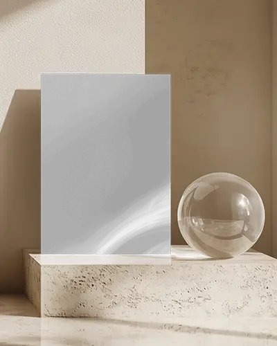 Elegant Flyer Mockup On Textured Marble Platform With Glass Orb And Sunlit Interior Setting