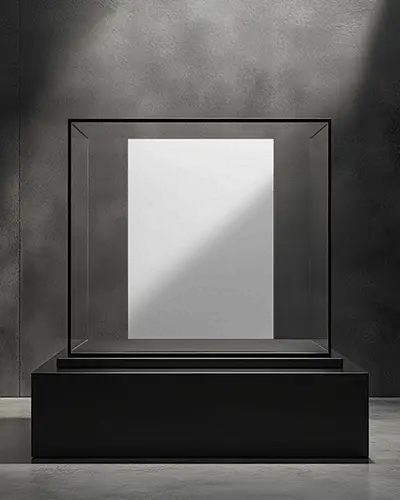 Luxury Display Flyer Mockup In Glass Showcase On Black Pedestal Under Soft Angled Lighting