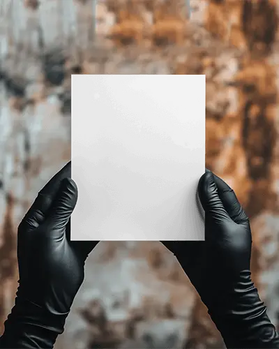 Closeup Gloved Hands Holding Flyer Mockup Against Blurred Neutral Background Textured Paper Realistic Lighting