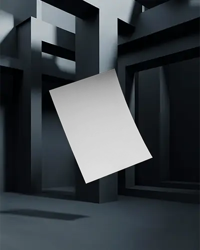 Modern Geometric Interior Flyer Mockup Floating In Dark Monochrome Architectural Space