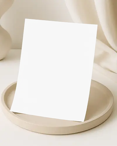 Minimalist Flyer Mockup On Round Ceramic Plate With Soft Neutral Drapes Background