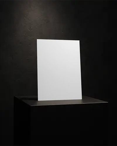 Elegant Dark Flyer Mockup On Black Pedestal With Moody Spotlight Background