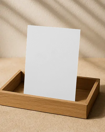 Upright A4 Flyer Mockup In Wooden Tray Warm Beige Textured Background Soft Natural Lighting