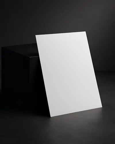 Leaning A4 Flyer Mockup On Black Cube Dark Minimalist Background Moody Lighting High Detail