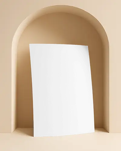Curved A6 Flyer Mockup In Beige Arched Niche Soft Shadow Warm Lighting Minimalist Style