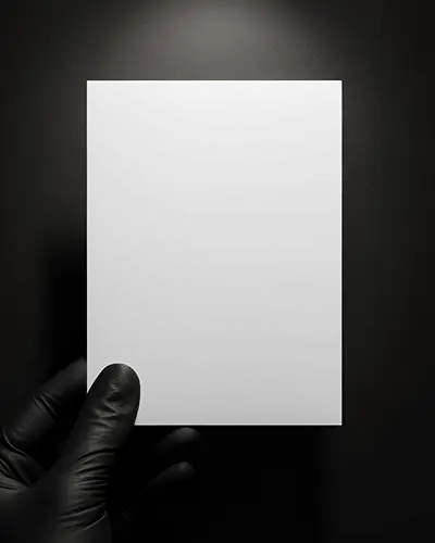 A6 Flyer Mockup Held In Black Gloved Hand Minimal Dark Background Focused Lighting