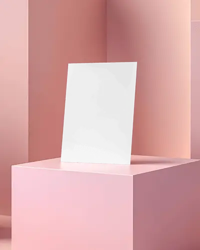 Pink Modern Corner A6 Flyer Mockup Standing On Pink Podium Soft Natural Light