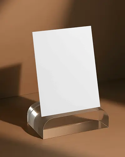 Clear Glass Stand A6 Flyer Mockup With Brown Background Subtle Shadow Minimalist