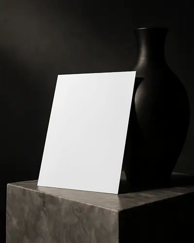 Black Vase A6 Flyer Mockup On Marble Block Moody Lighting Dark Background