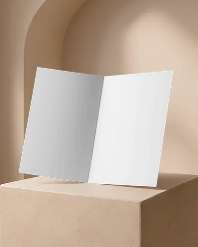 Open A6 Flyer Mockup With Beige Textured Podium Soft Natural Lighting Minimalist Style