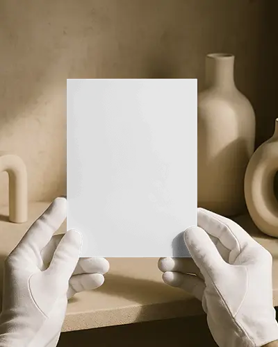 Beige Ceramic Objects A6 Flyer Mockup Held By White Gloved Hands Warm Lighting