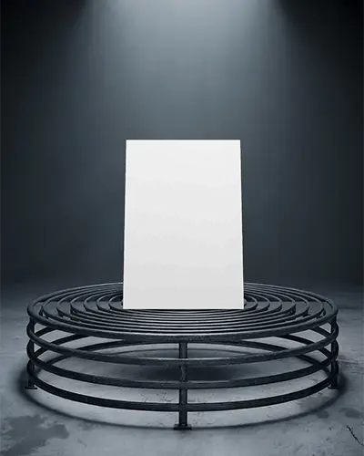 Dramatic Spotlight Flyer Mockup Blank Paper On Industrial Metal Platform Dark Studio