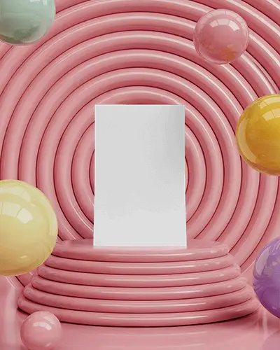 Playful A6 Flyer Mockup Colorful Balloons And Pink Spiral Podium Background