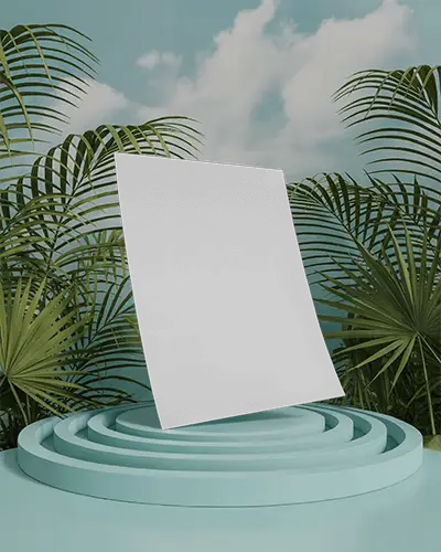 Summer Theme A4 Flyer Mockup Leafy Background With Light Blue Podium And Cloudy Sky