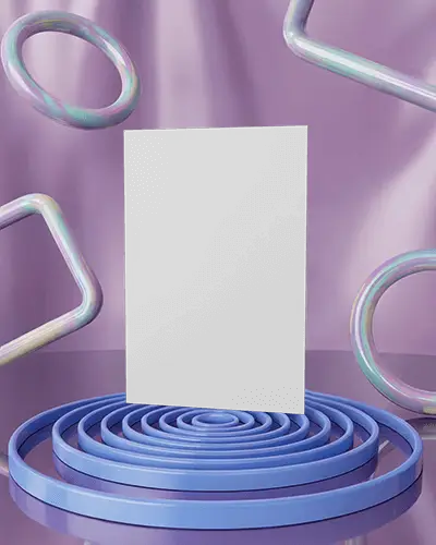 Pastel Purple A6 Flyer Mockup Standing On Glossy Circular Podium