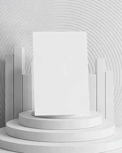 Minimalistic A4 Flyer Mockup On Cylindrical Platform With Architectural Pillars And Concentric Rippled Wall