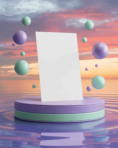 Dreamy Sky A4 Flyer Mockup Hovering On Glossy Platform With Colorful 3d Bubbles And Vibrant Evening Backdrop