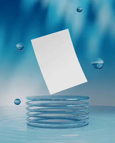 A4 Flyer Mockup With Floating Liquid Spheres And Spring Platform In Blue Tinted Environment