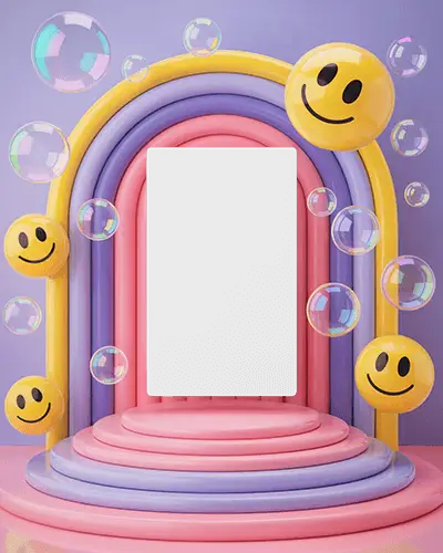 Fun And Youthful A4 Flyer Mockup In Bubblegum Theme With Rounded Steps And Colorful Backdrop Smiling Faces