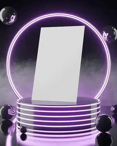 Futuristic Neon A4 Flyer Mockup On Glowing Purple Podium With Smoky Backdrop And Black Glossy Spheres