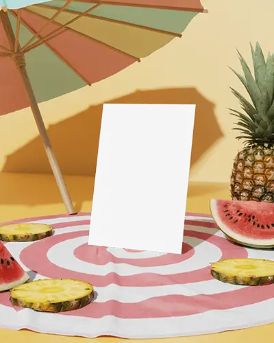 Bright Seasonal A5 Flyer Mockup With Fruits And Beach Props On Colorful Towel And Yellow Sunlit Setting