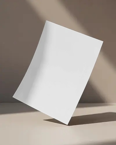 Tilted A4 Flyer Mockup Hovering On Clean Surface With Crisp Light Strips And Subtle Gradient Walls